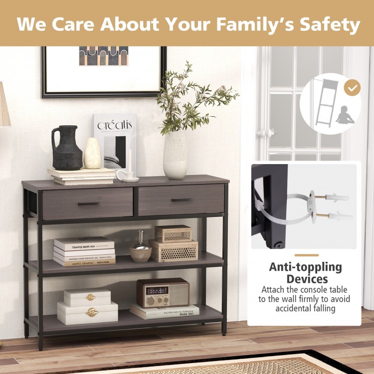 Gray console table with folding fabric drawers, featuring a sturdy metal frame and anti-tipping devices for safety.