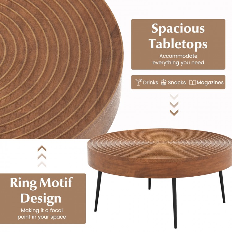 Round coffee table with unique ripple pattern, solid pine wood, and rustproof metal frame, perfect for living room use.