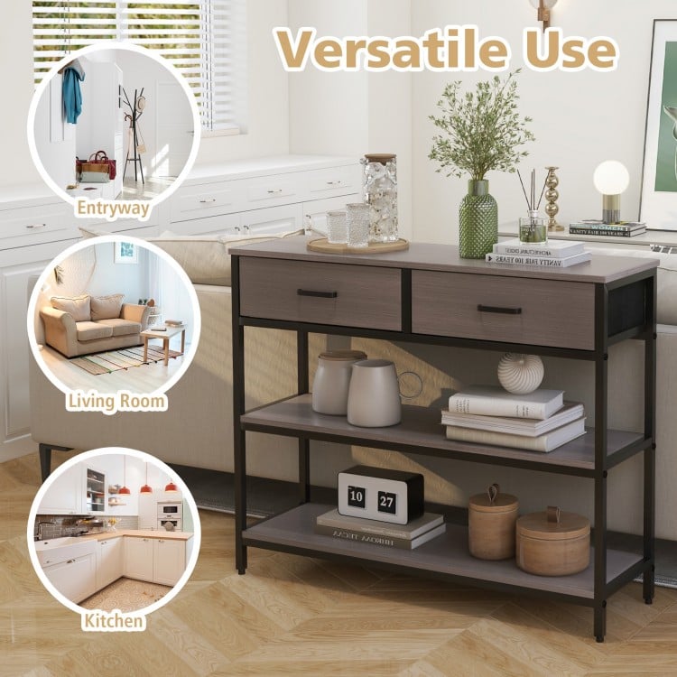 Console table with gray finish, featuring folding fabric drawers and open shelves, ideal for entryway or living room.