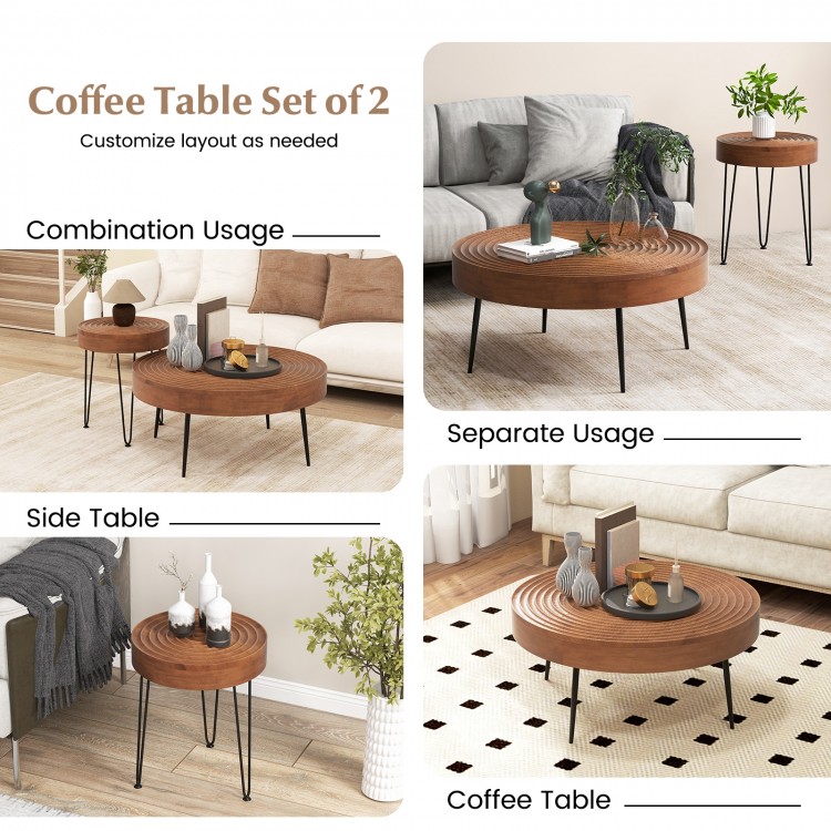 Round coffee table set of 2 in brown solid wood with ripple pattern, ideal for living room or bedroom use.