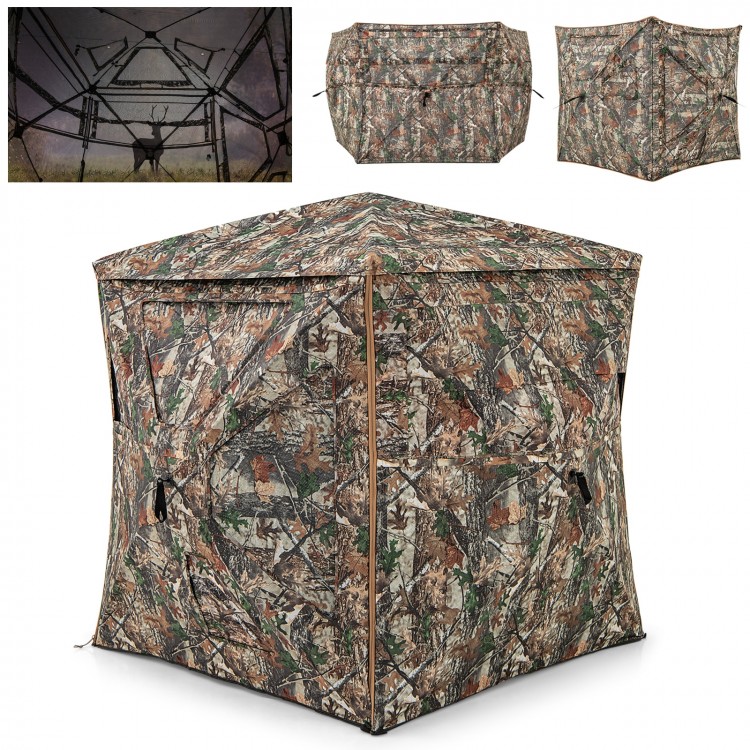 5-IN-1 detachable hunting blind with camouflage pattern, 360-degree visibility, and removable roof for 2-3 people.