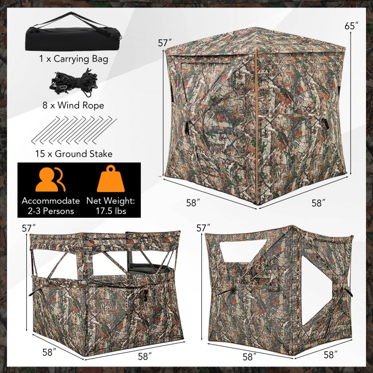 5-IN-1 detachable hunting blind for 2-3 people with camouflage pattern, skylight, and 3 shooting windows for optimal.