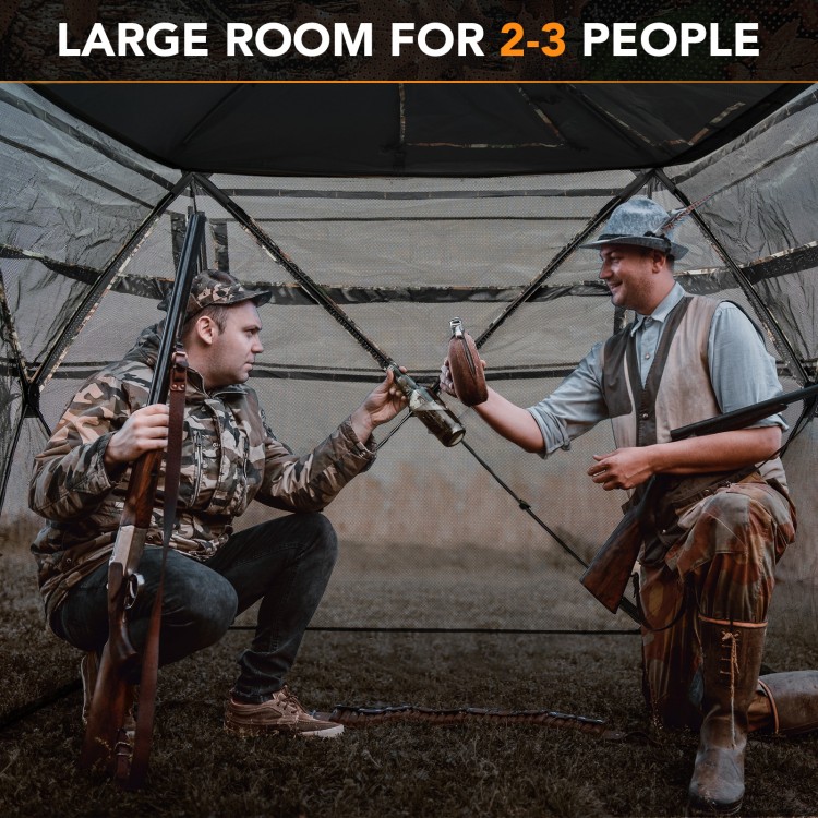 5-IN-1 detachable hunting blind for 2-3 people with camouflage pattern, featuring skylight and multiple shooting.