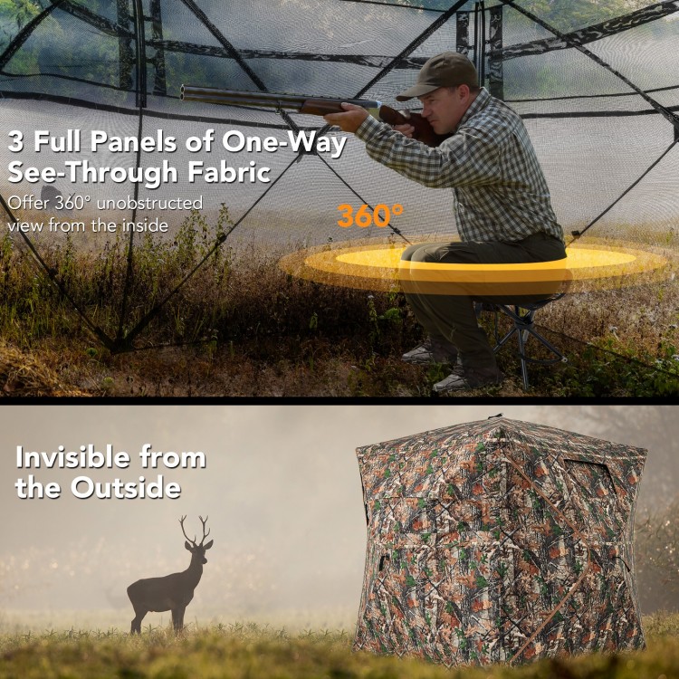 5-IN-1 detachable hunting blind with 360° visibility, camouflage pattern, and three shooting windows for effective.