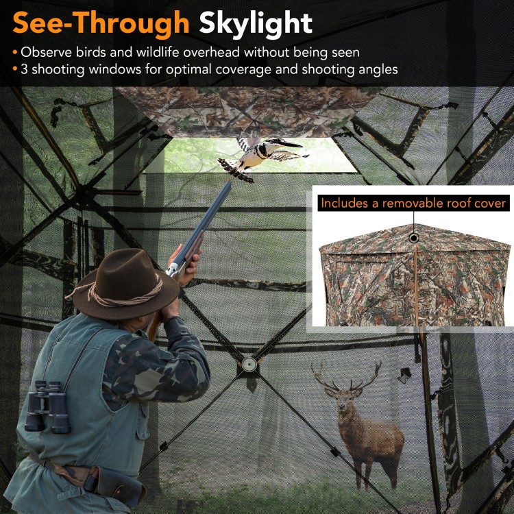 5-IN-1 detachable hunting blind with see-through skylight and camouflage design, ideal for 2-3 people in the wilderness.