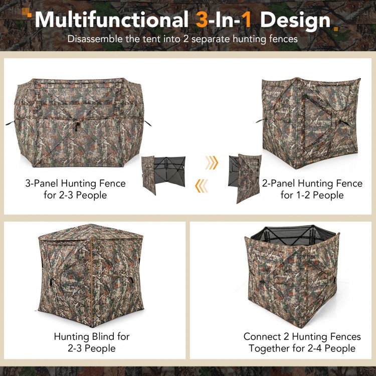 Detachable hunting blind for 2-3 people with camouflage pattern, skylight, and multiple shooting windows for optimal.