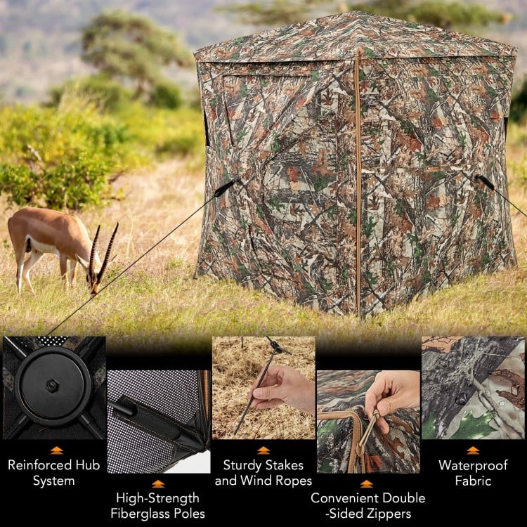 5-IN-1 detachable hunting blind with camouflage fabric, skylight, and reinforced hub system for 2-3 people in outdoor.