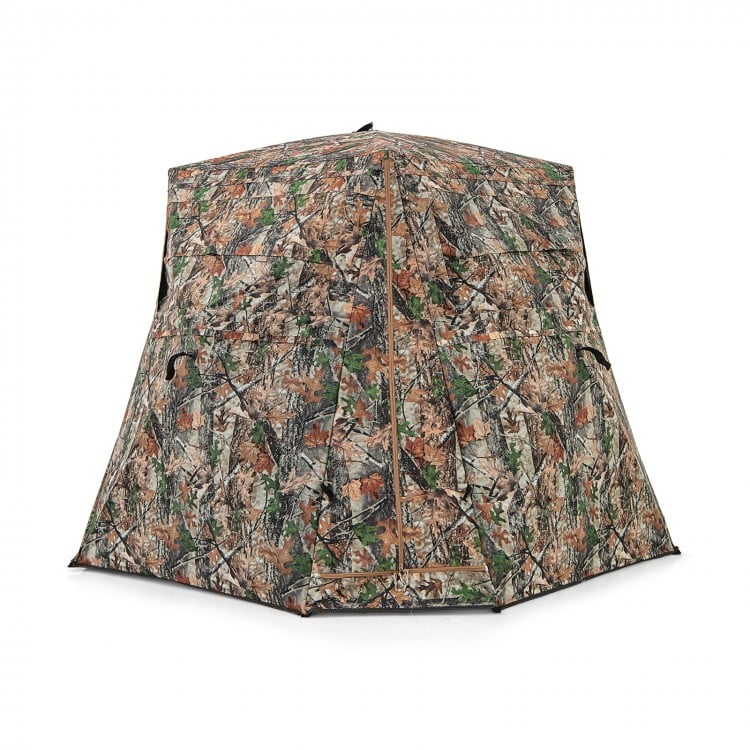 360° one-way see-through hunting blind with camouflage pattern, featuring 4 silent windows for deer and turkey hunting.