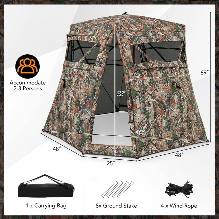 360° one-way see-through hunting blind with camouflage design, 4 windows, and portable carrying bag for deer and turkey.