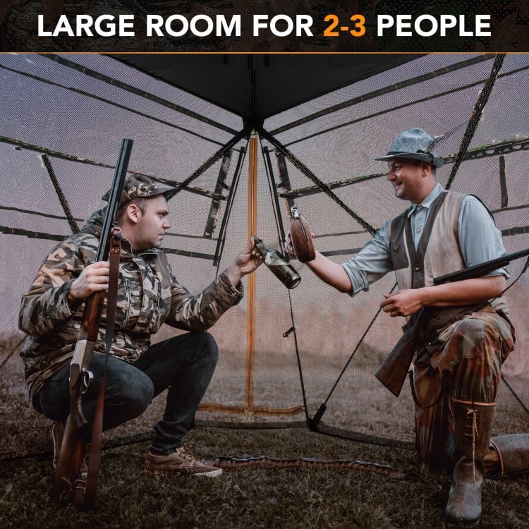 360° one-way see-through hunting blind for 2-3 people, featuring camouflage patterns and adjustable windows for optimal.