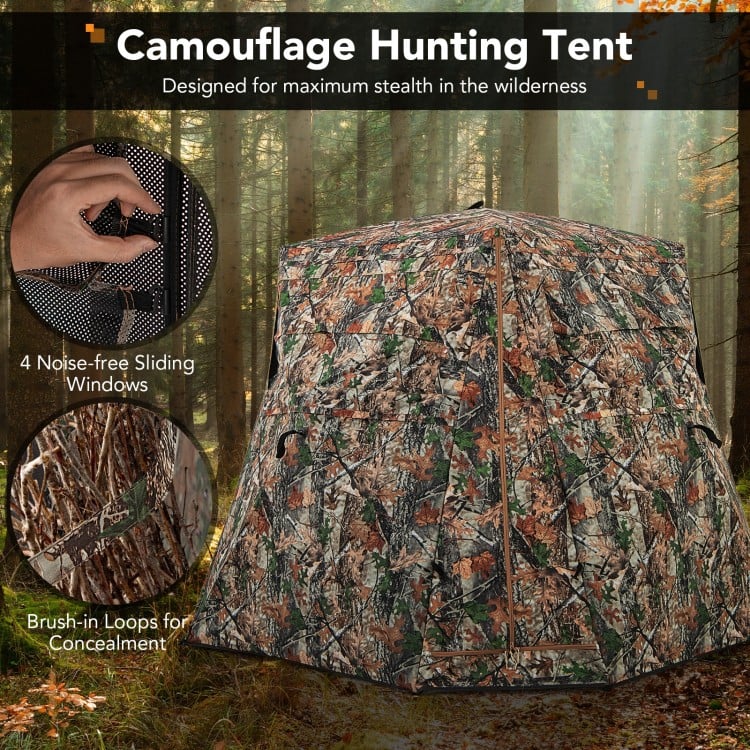 Camouflage hunting tent with 4 one-way see-through panels and sliding windows, designed for stealth in the wilderness.