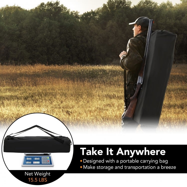 360° one-way see-through ground hunting blind with camouflage patterns and portable carrying bag for easy transport.