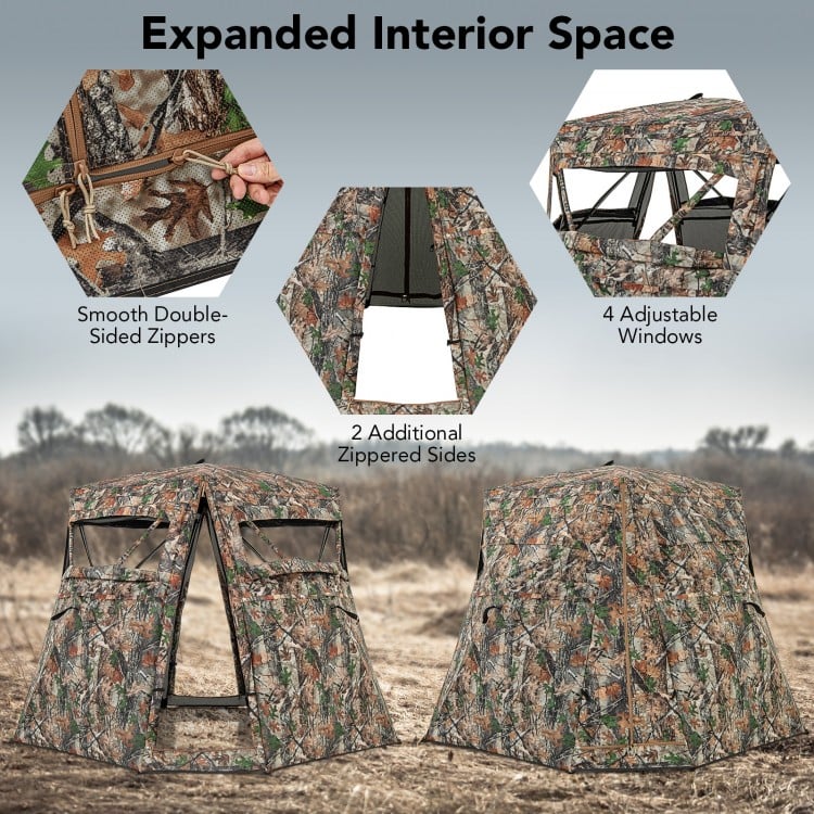 360° one-way see-through hunting blind with camouflage design, featuring 4 adjustable windows and double-sided zippers.