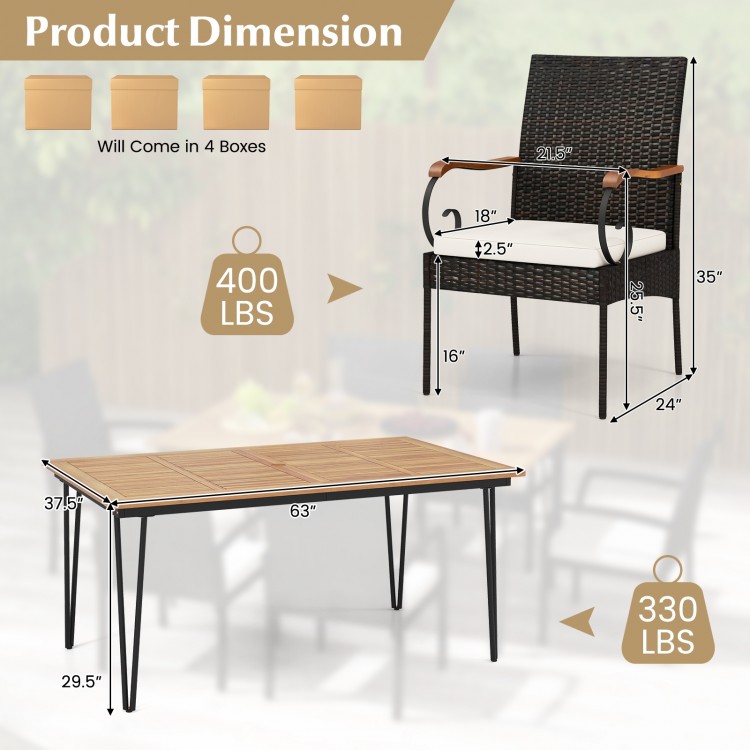 Rattan armchair with soft cushion and 2" umbrella hole, part of a 7-piece patio dining set for outdoor use.