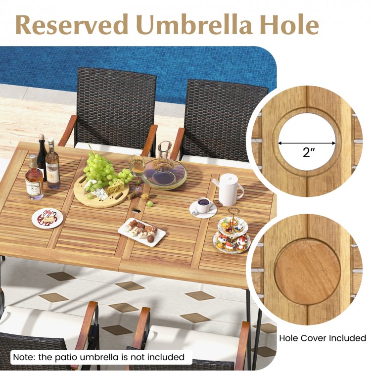 Close-up of the 2" umbrella hole on the acacia wood tabletop of the 7-piece patio dining set for outdoor use.