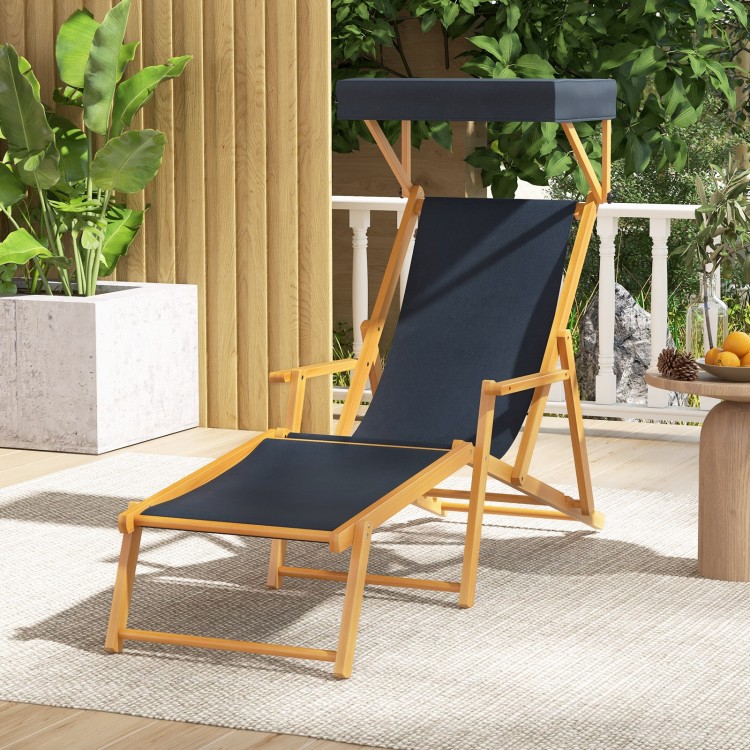 Birch wood chaise lounge chair with navy fabric, adjustable canopy, and ergonomic design, perfect for outdoor.