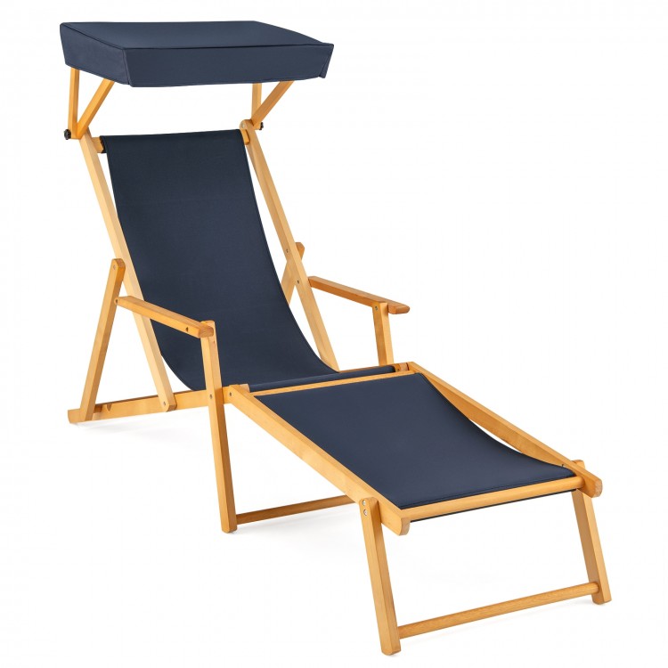 Birch wood chaise lounge chair in navy with adjustable canopy, perfect for sunbathing or relaxing outdoors.