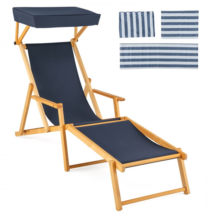 Birch wood chaise lounge chair with navy fabric, adjustable canopy, and foldable design for outdoor relaxation.