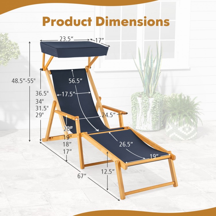 Birch wood chaise lounge chair with adjustable canopy, showcasing dimensions for optimal outdoor comfort and stability.
