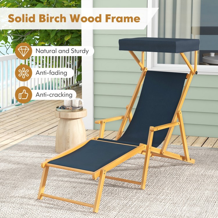 Birch wood chaise lounge chair with adjustable canopy in navy, perfect for outdoor relaxation by the pool or patio.