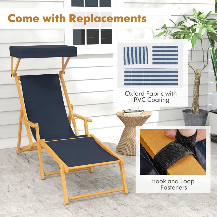 Birch wood chaise lounge chair with adjustable navy canopy, featuring durable oxford fabric and foldable design for.