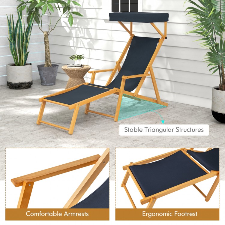 Birch wood chaise lounge chair with adjustable canopy and ergonomic footrest, perfect for outdoor relaxation by the.