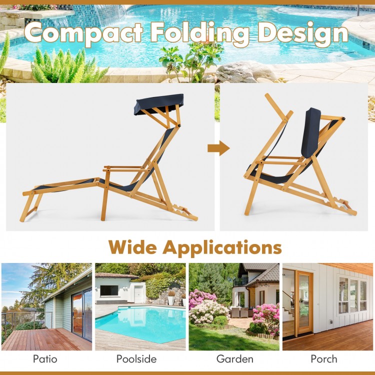 Birch wood foldable chaise lounge chair with adjustable canopy, perfect for patio, poolside, or garden relaxation.