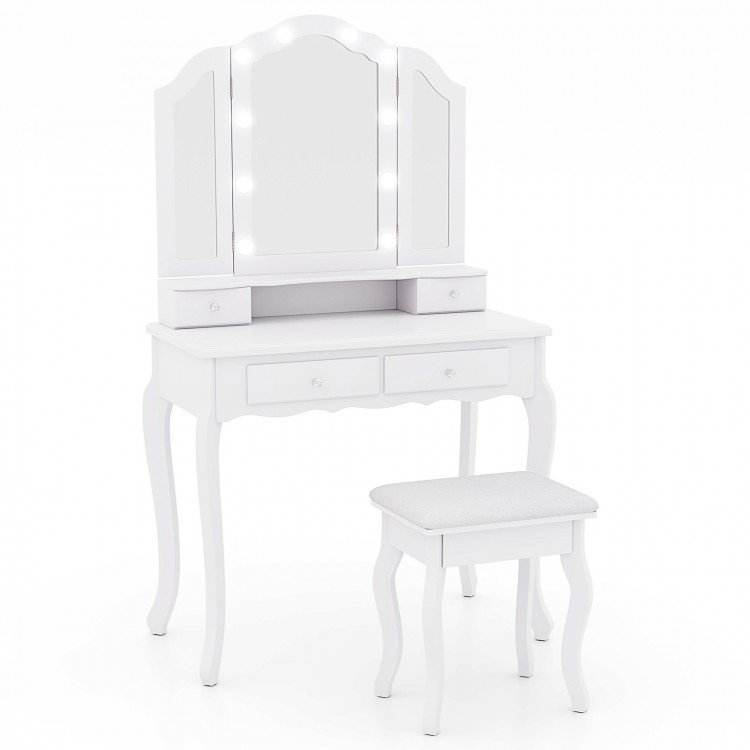 Makeup vanity table set in white with tri-folding lighted mirror, cushioned stool, and spacious storage drawers.