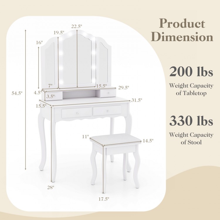 Makeup vanity table set with tri-folding mirror, white finish, and cushioned stool for stylish and functional storage.