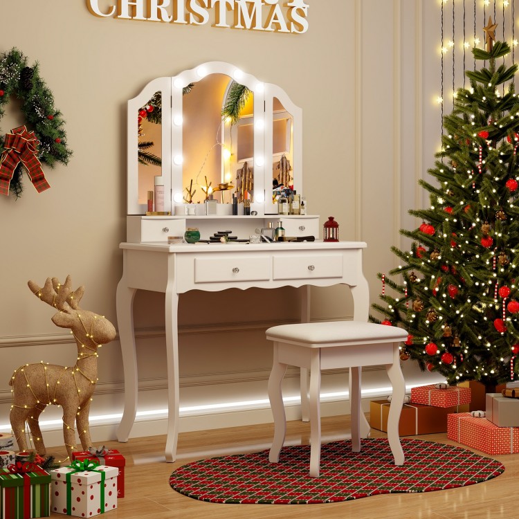 White makeup vanity table set featuring a tri-folding lighted mirror and cushioned stool, enhancing your beauty routine.