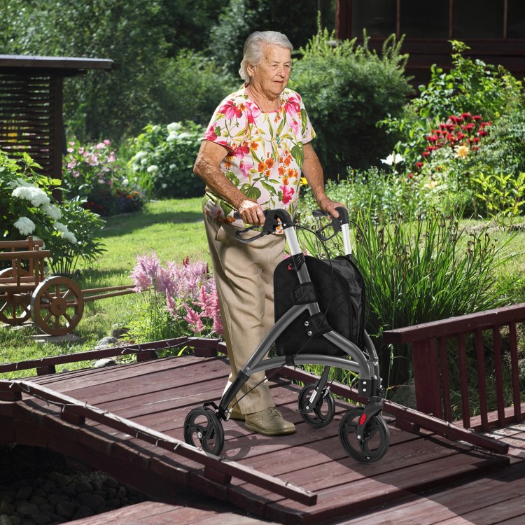 Foldable rollator walker with lightweight aluminum frame, adjustable height, and three wheels for stability on various.