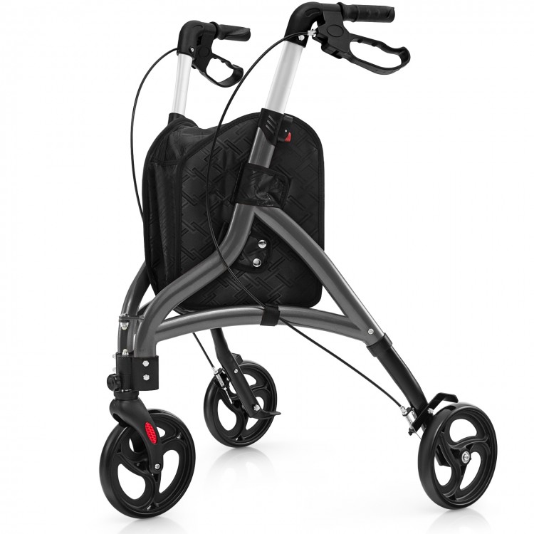 Foldable rollator walker with lightweight aluminum frame in gray, featuring adjustable handles and three wheels for.