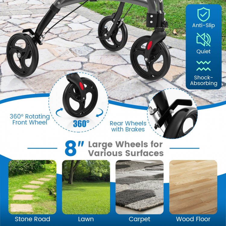 Foldable rollator walker with 8" large wheels, adjustable height, and a lightweight aluminum frame for easy.