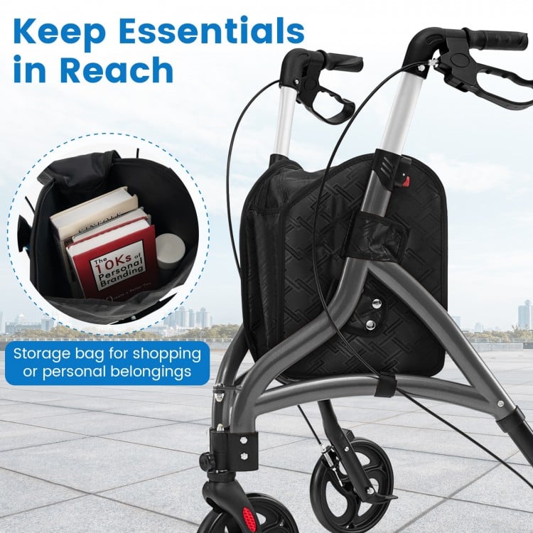 Foldable rollator walker with lightweight aluminum frame and storage bag for shopping, designed for stability and easy.