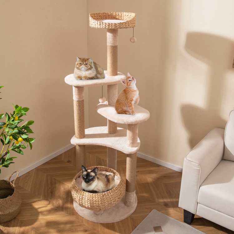 Cat tree with beige soft hammock and perch, featuring multiple platforms and sisal scratching posts for indoor cats.