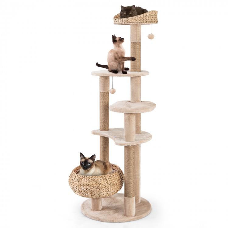 Cat tree with beige hammock and perch, featuring sisal scratching posts and multiple platforms for indoor cats.