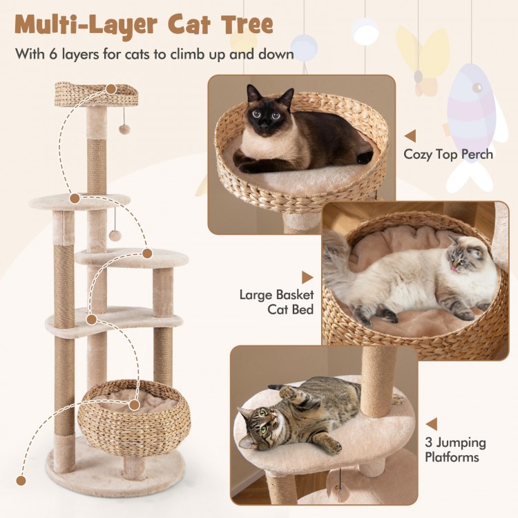 Multi-layer cat tree with beige perch, hammock, and two jumping platforms for indoor cats to climb and play.