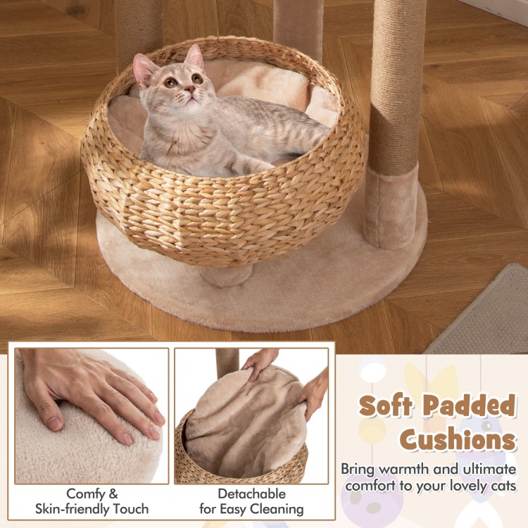 Soft padded hammock of the 59-inch beige cat tree, providing comfort and a cozy spot for indoor cats to relax.