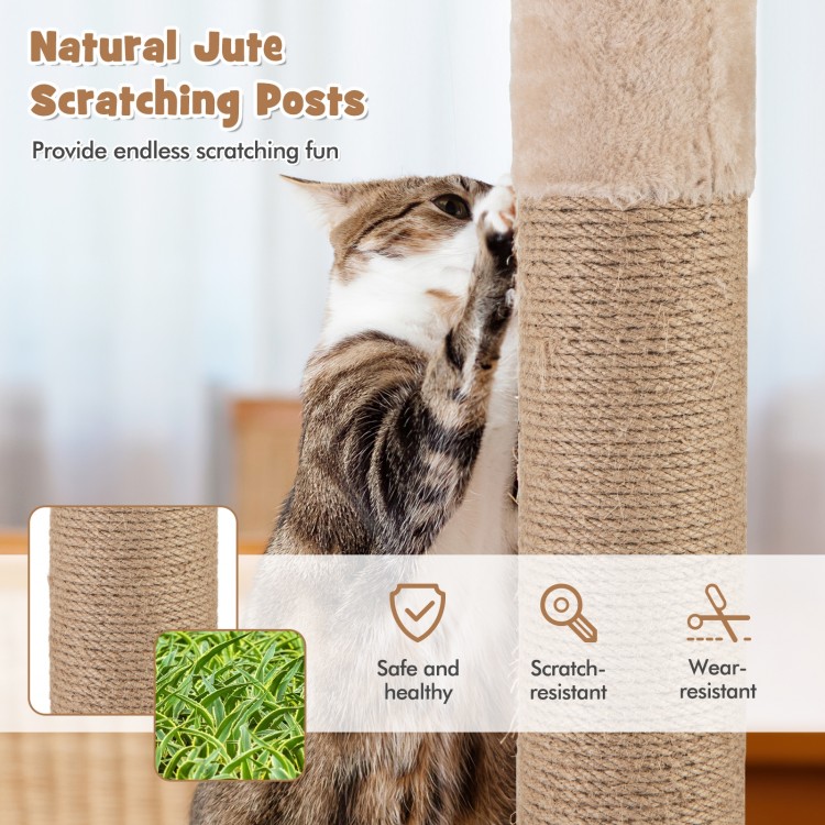 Cat tree with beige perch and hammock, featuring natural sisal scratching posts for indoor cats to play and relax.