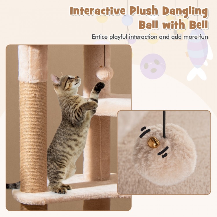 Interactive plush dangling ball with bell on a 59-inch beige cat tree, designed for indoor cats to play and exercise.