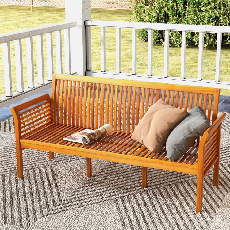 Patio 3-seat wood bench made of acacia wood with soft cushions, ideal for garden or backyard relaxation.