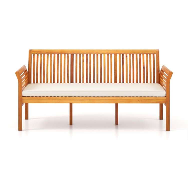 Patio 3-seat wood bench made of acacia wood with soft white cushions, perfect for garden or backyard relaxation.
