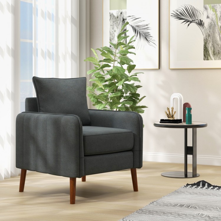 Gray fabric upholstered sofa chair with removable cushions, sturdy rubber wood legs, ideal for living room or bedroom.
