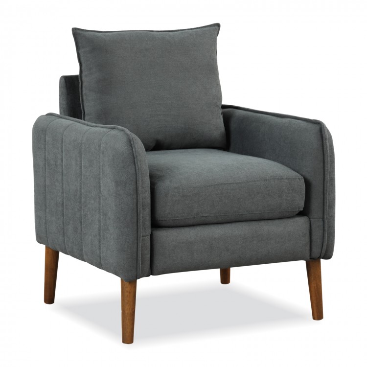 Gray fabric upholstered sofa chair with removable cushions, sturdy rubber wood legs, perfect for living room or bedroom.