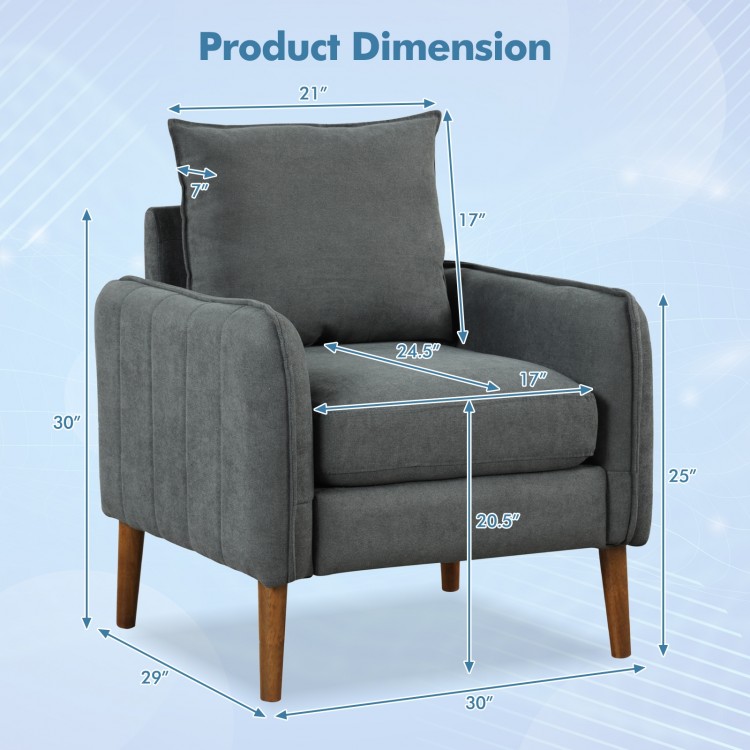 Dimensions of the gray fabric upholstered sofa chair with removable cushions, ideal for living room or bedroom use.