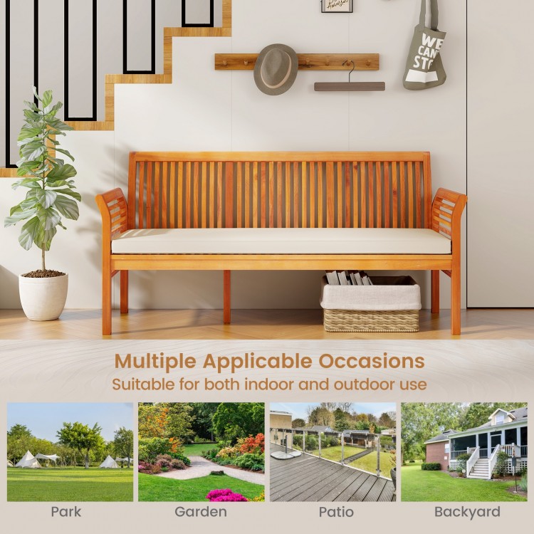Patio 3-seat wood bench with soft seat cushions, made of acacia wood, ideal for garden and backyard use.
