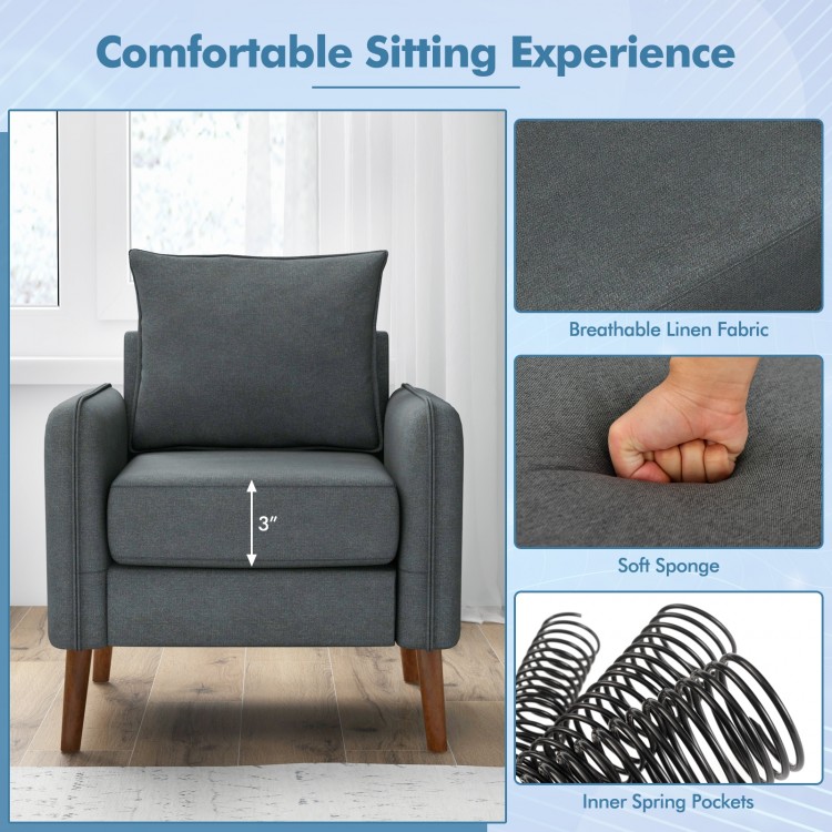 Gray fabric upholstered sofa chair with removable cushions, featuring breathable linen and sturdy rubber wood legs for.