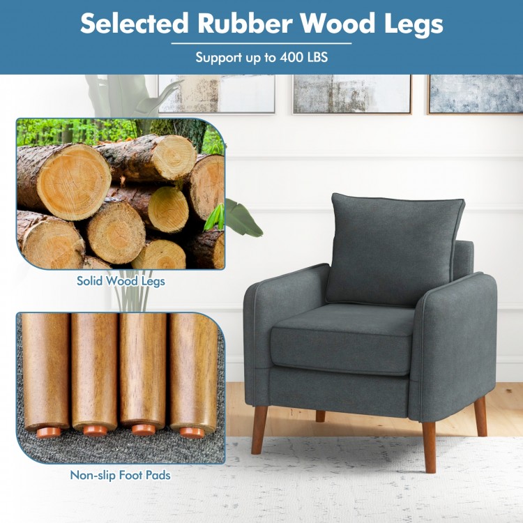 Gray fabric upholstered sofa chair with removable cushions, sturdy rubber wood legs, and non-slip foot pads for.