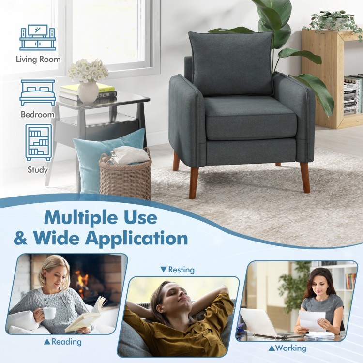 Gray fabric upholstered sofa chair with removable cushions, sturdy rubber wood legs, ideal for reading and resting.