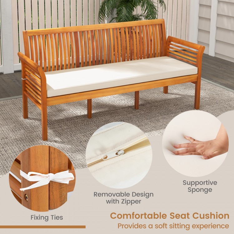 Patio 3-seat wood bench with white soft seat cushion, featuring acacia wood and ergonomic design for garden relaxation.